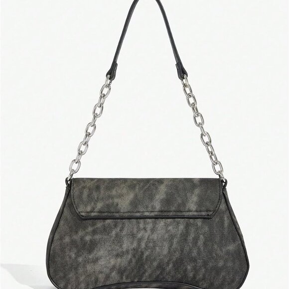 Women's PU Leather Punk Studded Flap Chain Top Handle Shoulder Bag - Picture 2 of 6